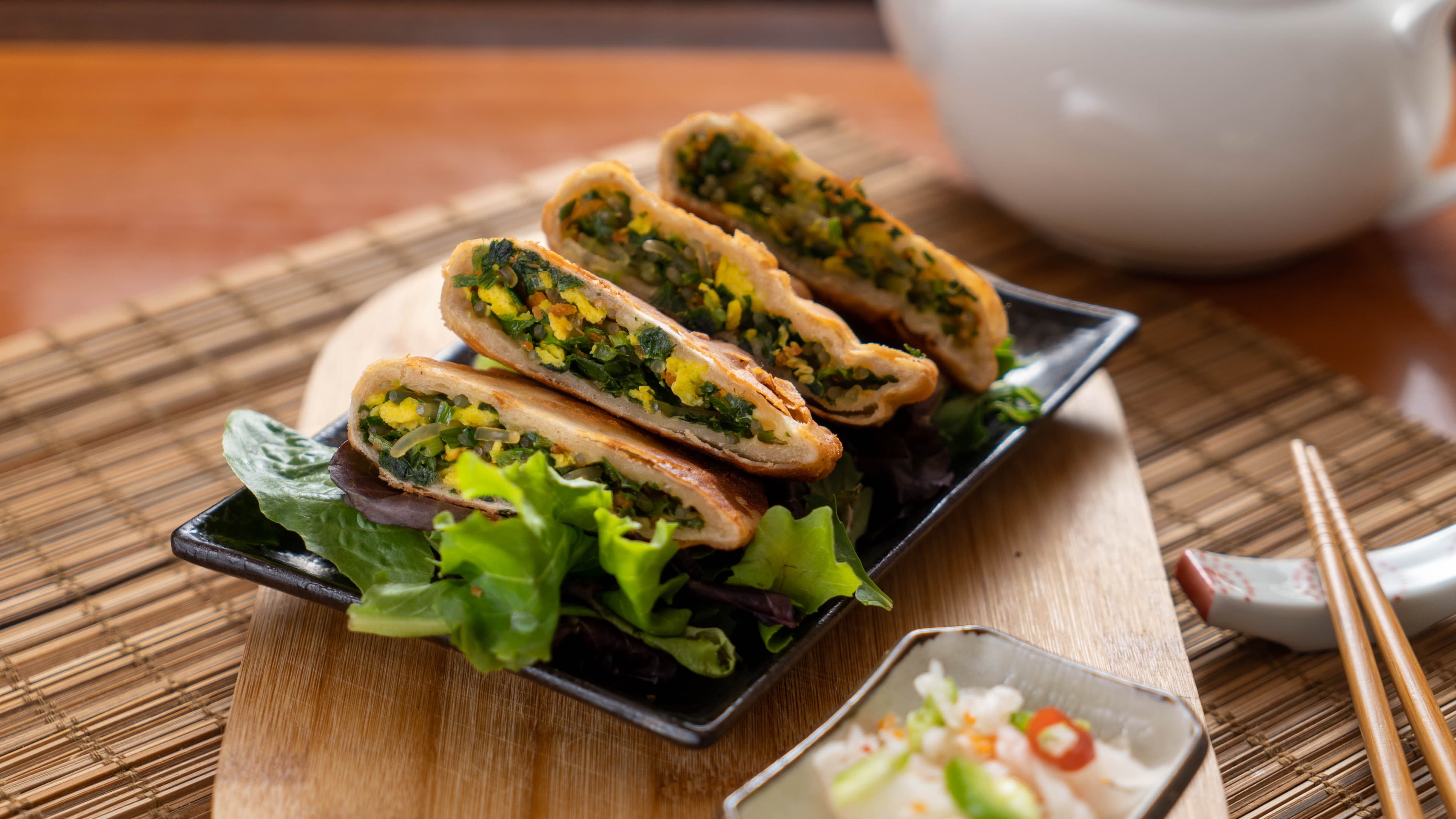Green Chive Pancake - Savory pancakes infused with fresh green chives with egg and a touch of dried sh | Dim Sum